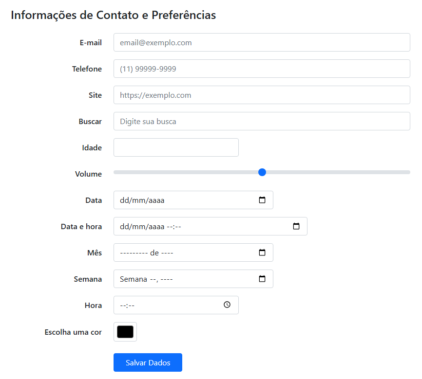 Exemplo de formulário contendo diversos campos modernos do HTML5